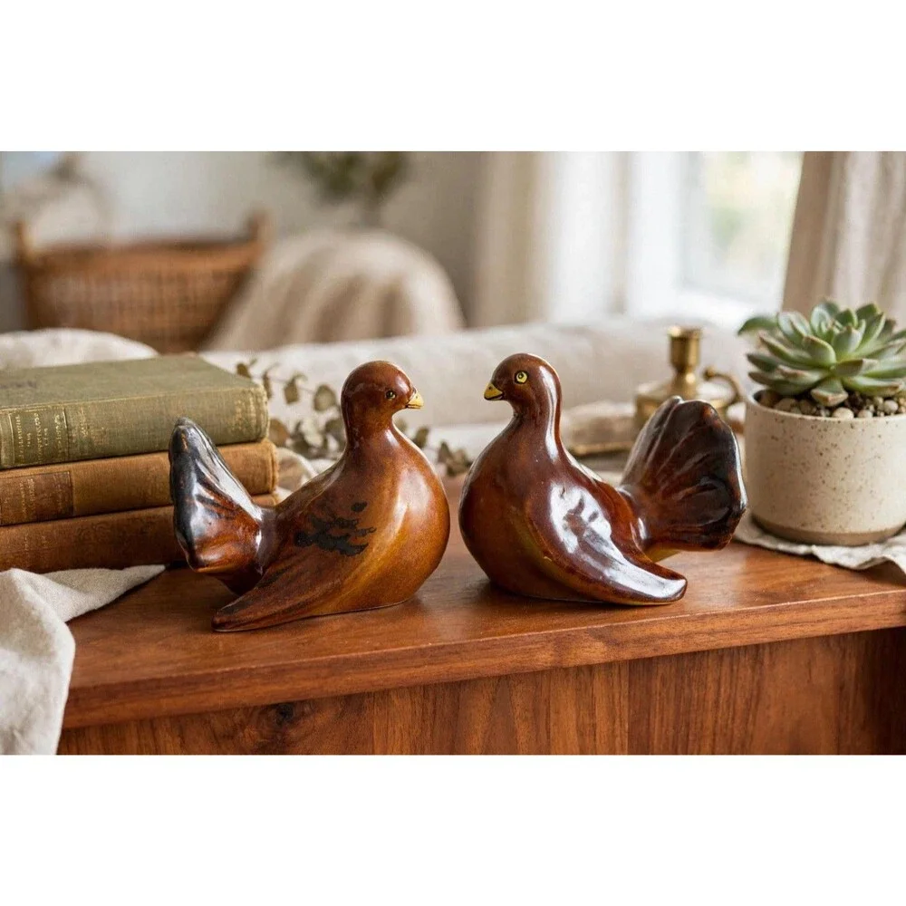 Vintage Pair Ceramic Fantail Brown Dove Figurines Italy Mid Century Modern Decor